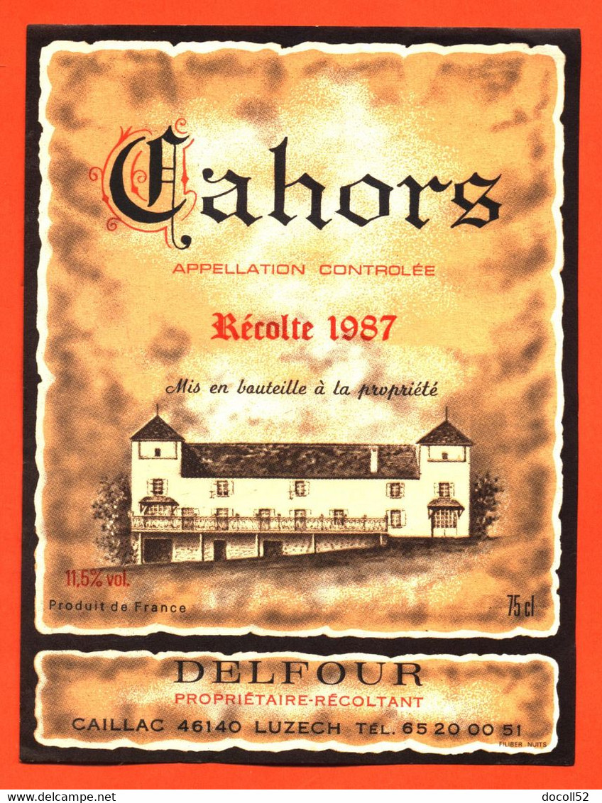 étiquette De Vin Cahors Récolte 1987 Delfour à 46140 Luzech - 75 Cl - Cahors