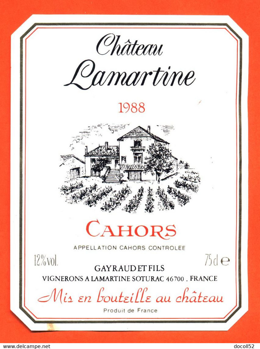 étiquette De Vin Cahors 1979 Chateau Lamartine 1988 Gayraud Et Fils à 46700 Soturac - 75 Cl - Cahors