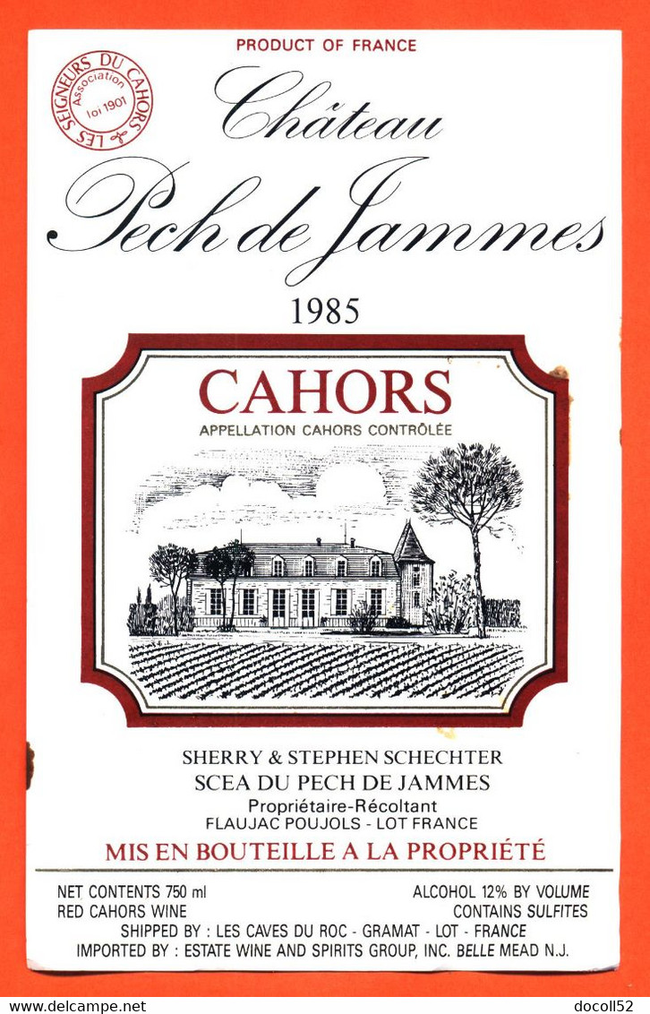 étiquette De Vin Cahors Chateau Pech De Jammes 1985 Stephen Schechter à Flaujac Poujols - 75 Cl - Cahors