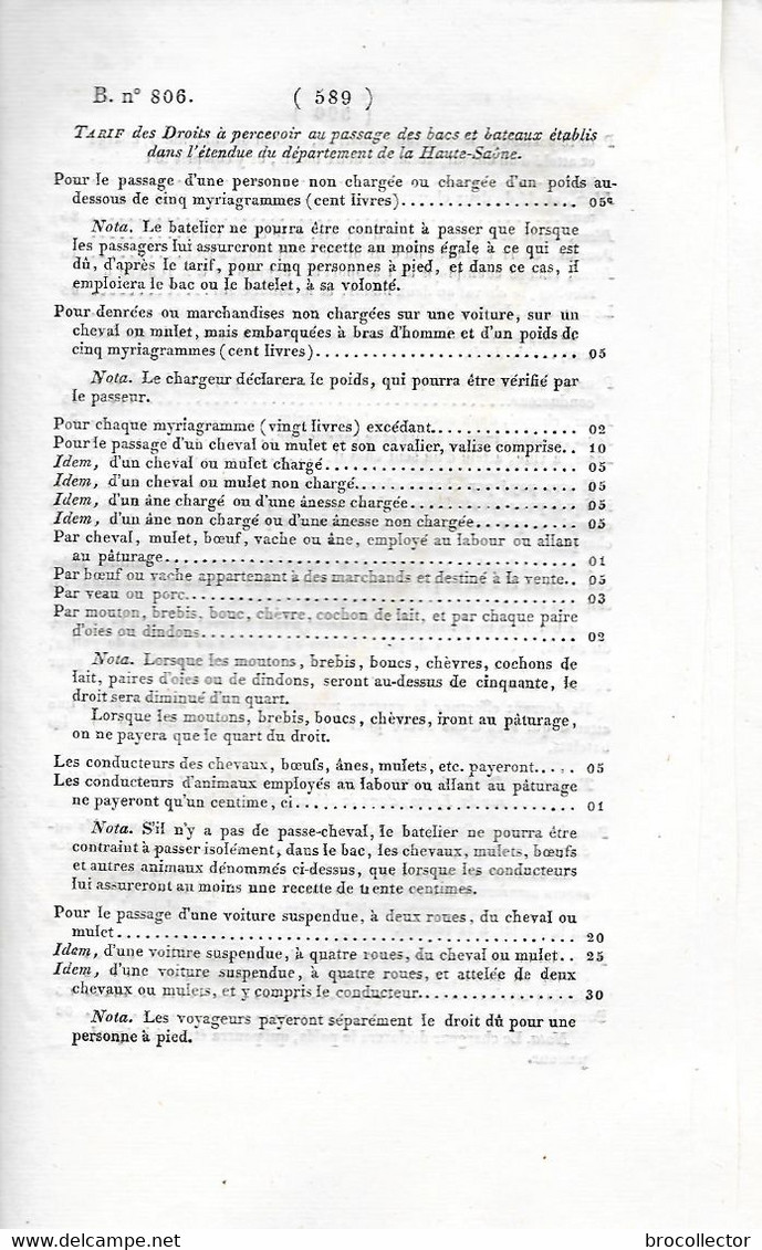 Ordonnance De 1841 Concernant Les Droits De Péage Des Bateaux Et Bacs Dans Le Dpt De La Haute Saône ( Page 588 à 592 ) - Sonstige & Ohne Zuordnung