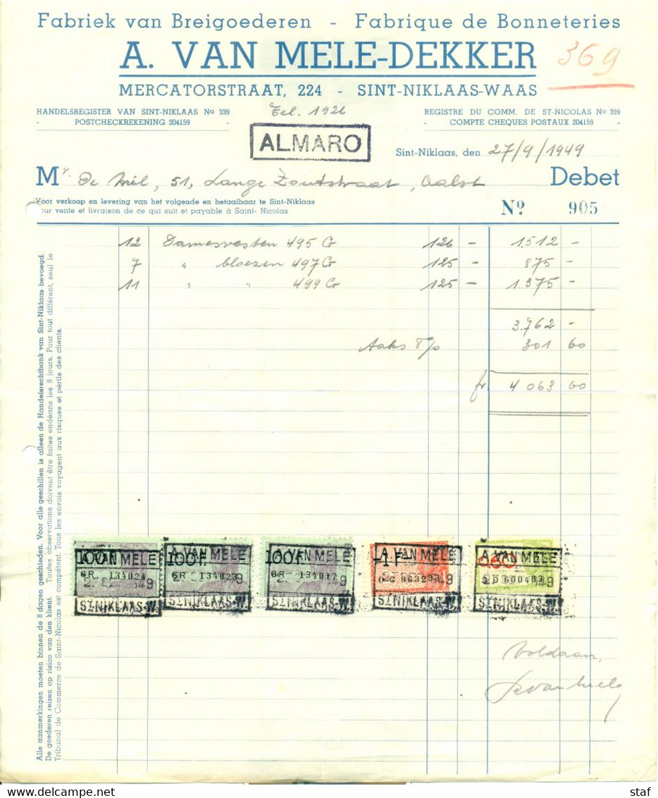 Oude Factuur A. Van Mele-Dekker Te Sint-Niklaas - Fabriek Van Breigoederen : 1949 - Vestiario & Tessile