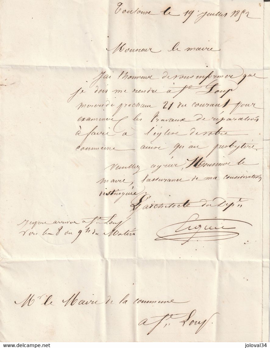 Lettre Toulouse 20/7/1852 Taxe Manuscrite 1  CL Correspondance Locale à Maire ST LOUP Haute Garonne Verso Cachet Mairie - 1849-1876: Classic Period