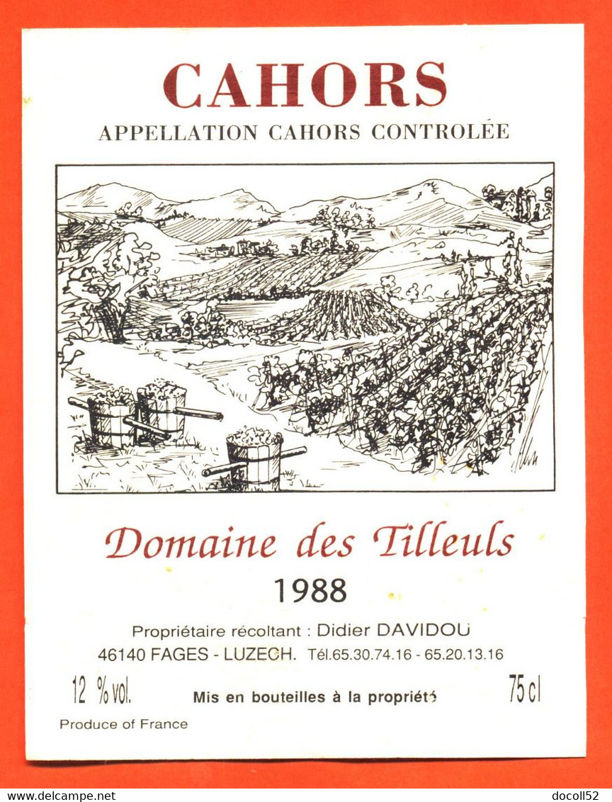étiquette De Vin Cahors Domaine Des Tilleuls 1988 Didier Davidou à 46140 Fages Luzech - 75 Cl - Cahors