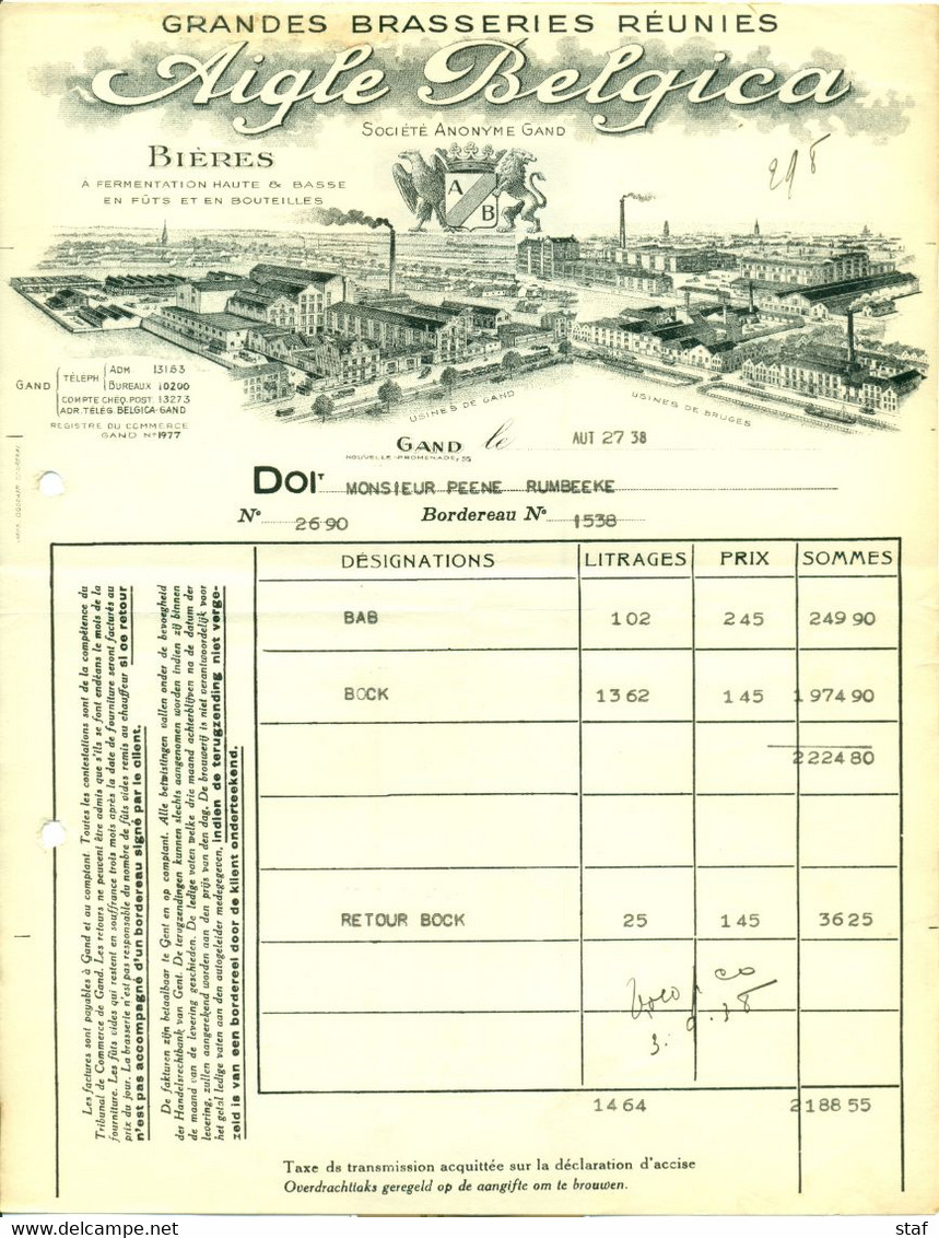 Oude Factuur Grandes Brasseries Réunis Aigle Belgica - Bières -  Te Gent : 1938 !! - Alimentos