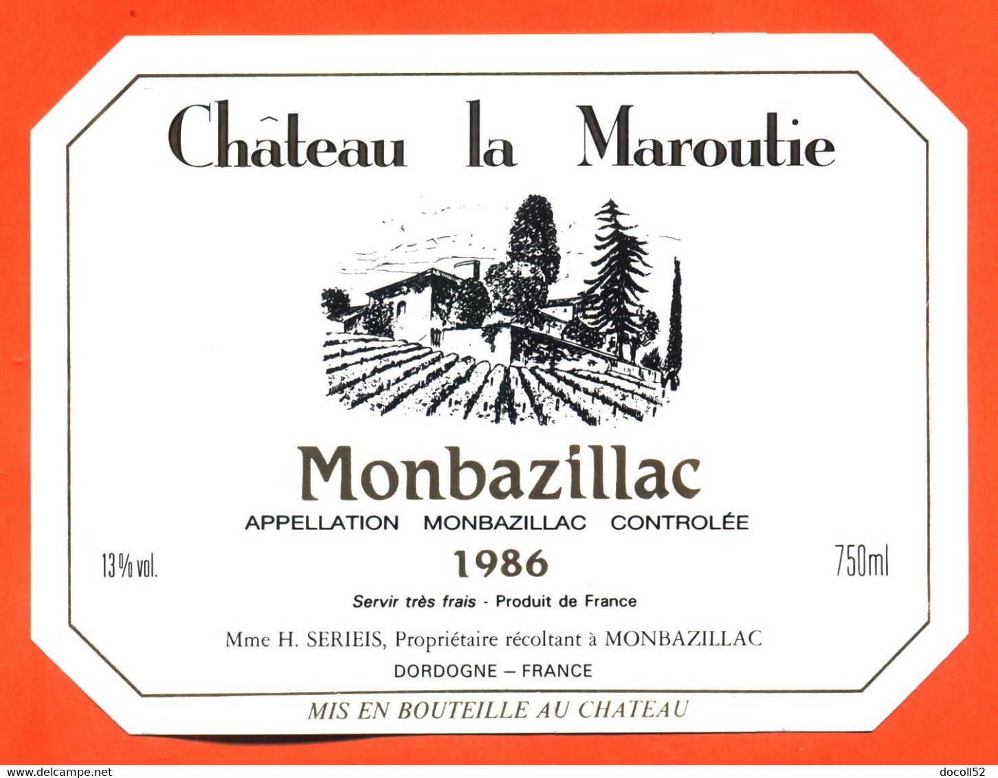 étiquette + Etiq De Dos De Vin Monbazillac Chateau La Maroutie 1986 H Serieis à Monbazillac - 75 Cl - Monbazillac