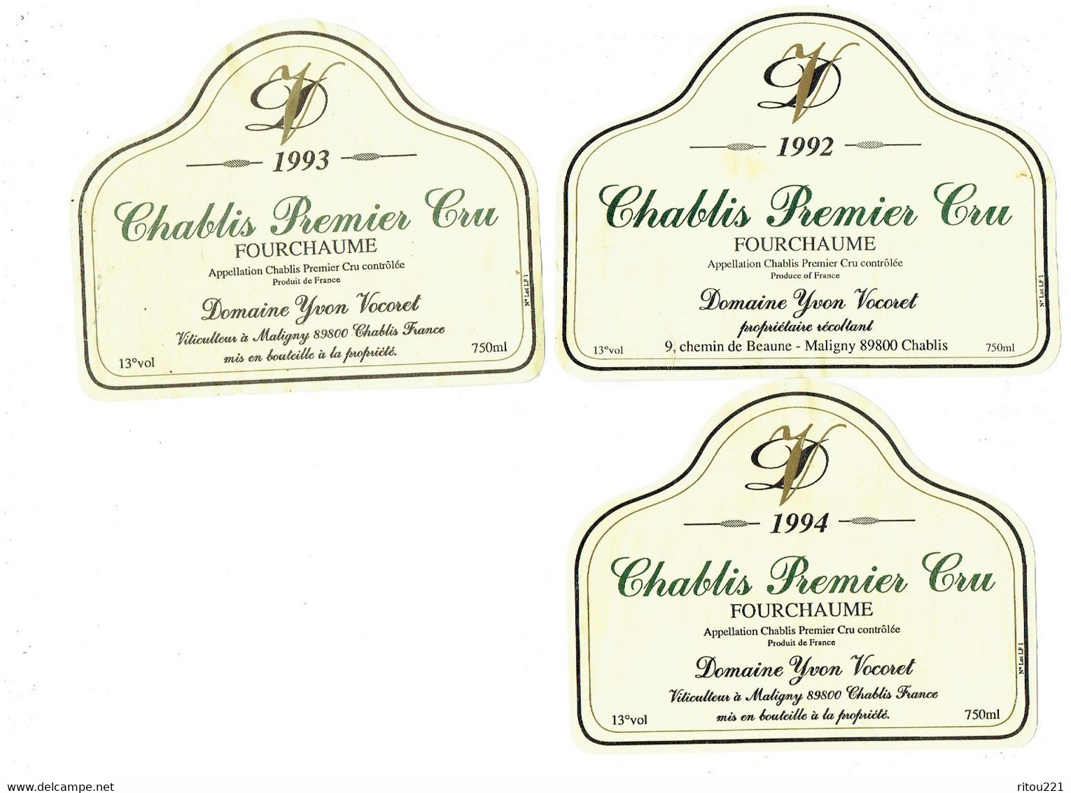 LOT 3 - Etiquette De Vin - CHABLIS - 1er Cru - 1992-1993-1994 - FOURCHAUME - 89 MALIGNY Y. Vocoret - Otros & Sin Clasificación