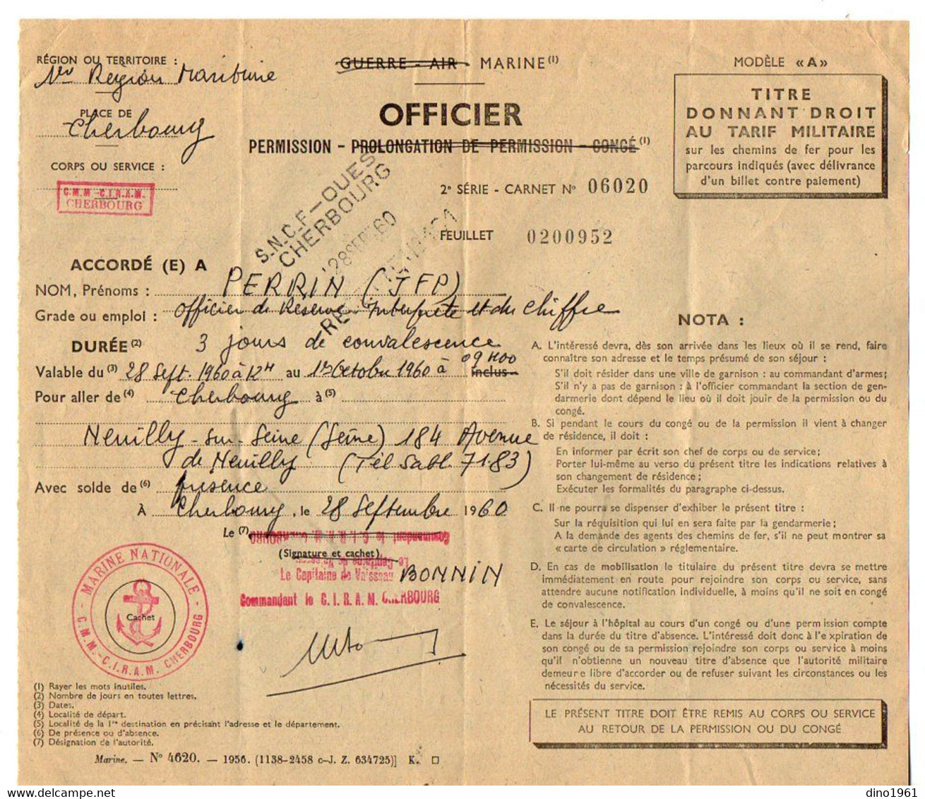 VP18.998 - Marine Nationale - CHERBOURG 1960 - Titre De Permission Pour Aller à NEUILLY SUR SEINE - Officier.... PERRIN - Documents