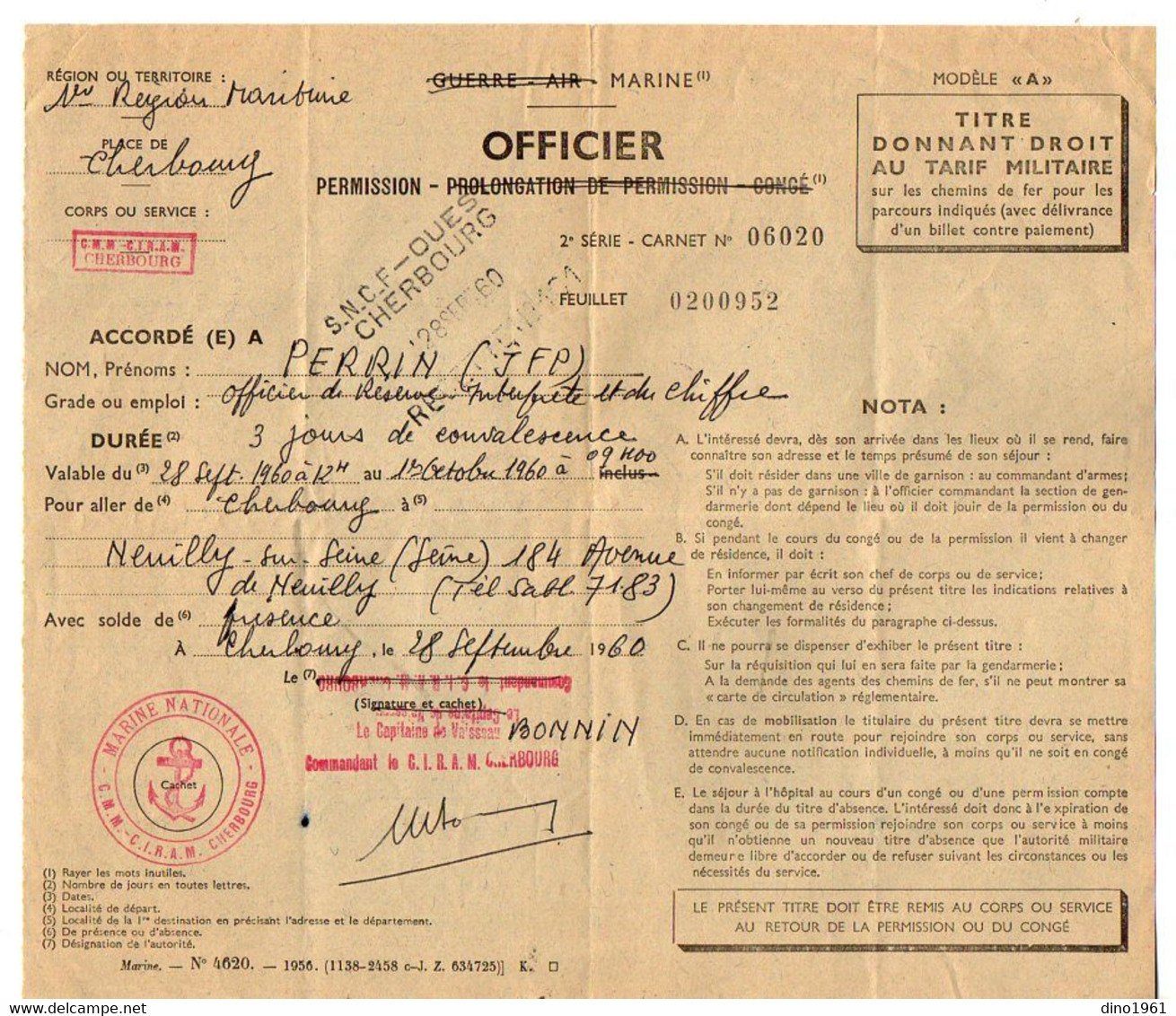 VP18.998 - Marine Nationale - CHERBOURG 1960 - Titre De Permission Pour Aller à NEUILLY SUR SEINE - Officier.... PERRIN - Documenti