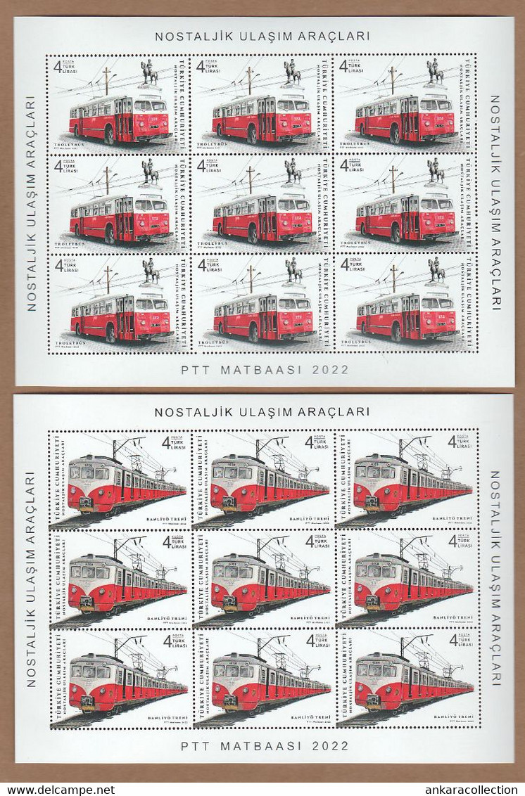 AC - TURKEY STAMP - NOSTALJIK MEANS OF TRANSPORTATION TROLLEY BUS, TRAM, SUBURBAN RAIL, FERRY MNH FULL SHEETS 2022 - Nuevos