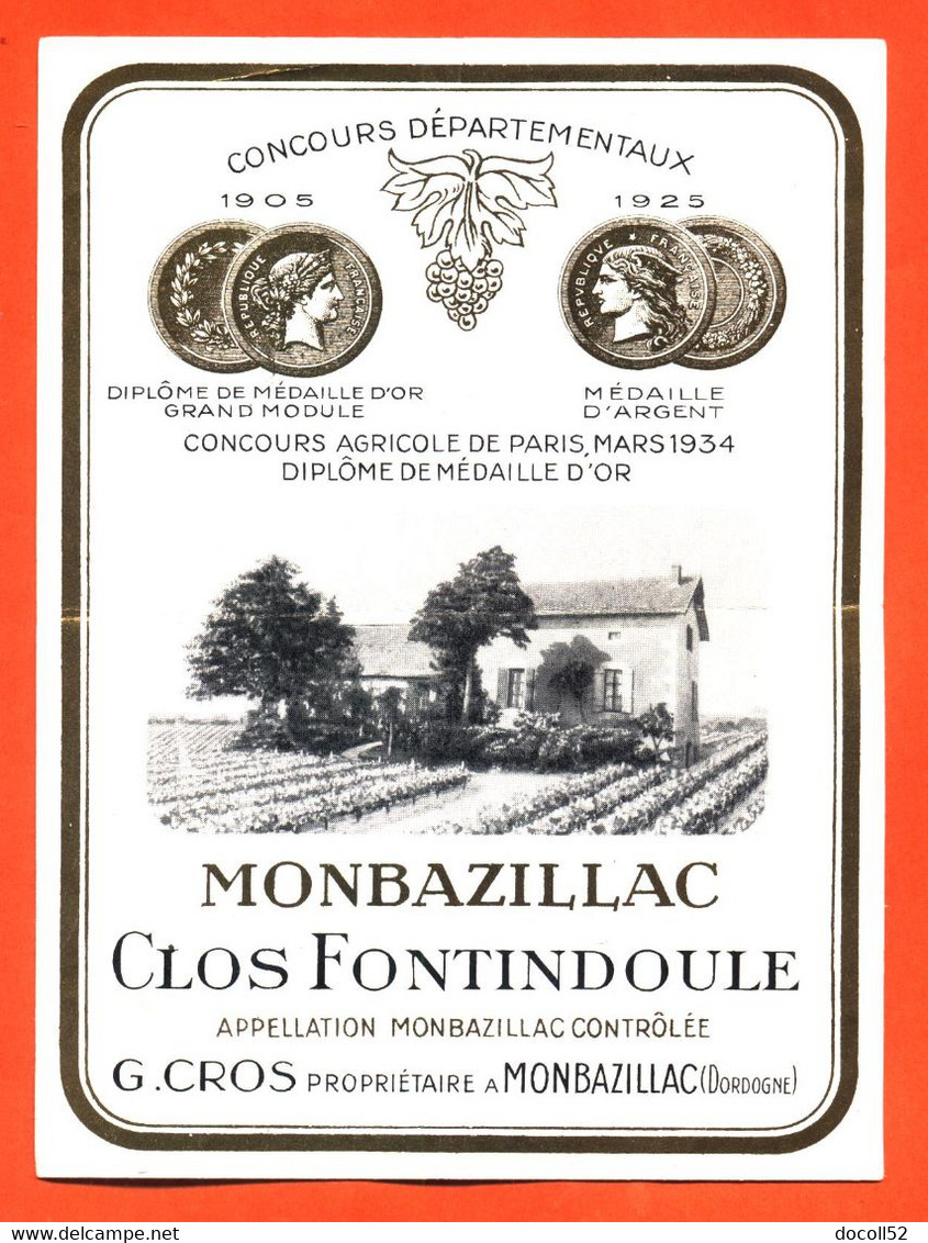 étiquette Ancienne De Vin Monbazillac Clos Fontindoule G Cros à Monbazillac - 75 Cl - Monbazillac