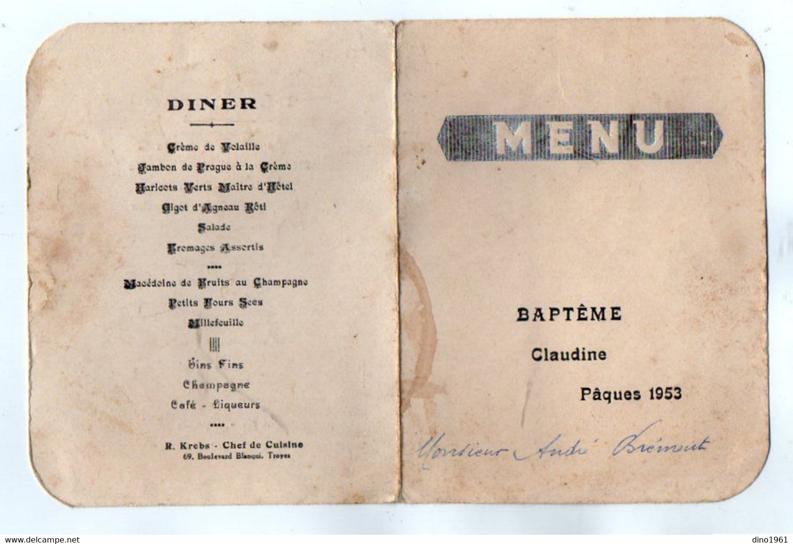 VP19.003 - Menu - 1953 - Baptème De Claudine - R. KREBS Chef De Cuisine à TROYES - Menu