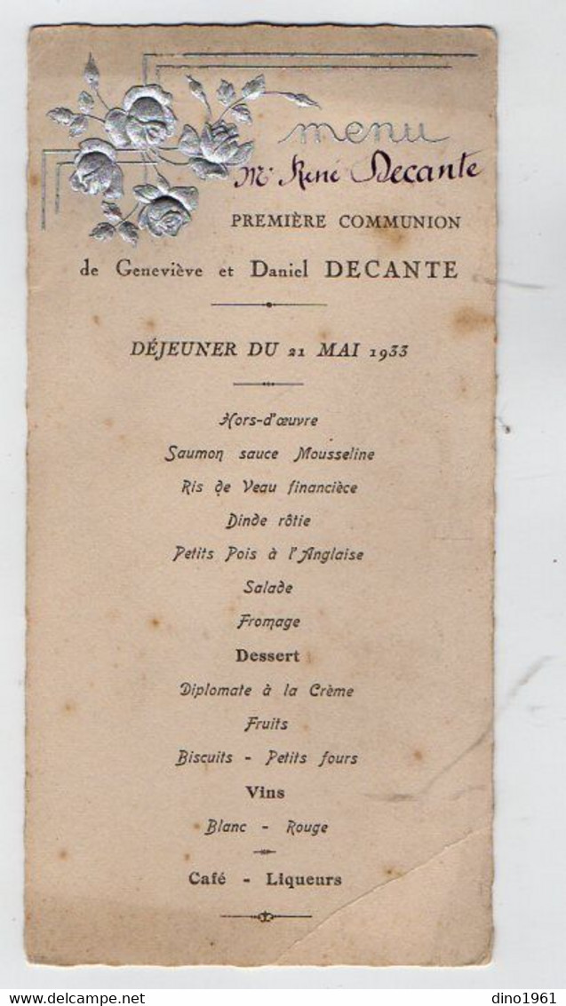 VP19.005 - Menu - 1933 - Première Communion De Geneviève Et Daniel DECANTE - Menu