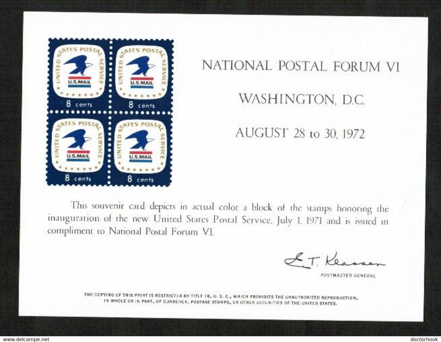 U.S.A.   POSTAL FORUM '72 B.E.P. CARD UNUSED (FF-76) - Cartes Souvenir