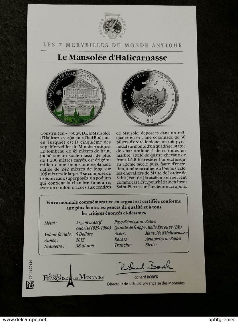 5 DOLLARS ARGENT BE PALAU 2013 / LE MAUSOLEE D'HALICARNASSE / + CERTIFICAT / LES 7 MERVEILLES DU MONDE ANTIQUE / WONDERS - Palau