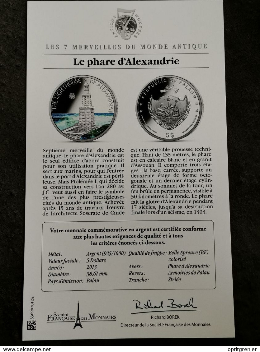 5 DOLLARS ARGENT BE PALAU 2013 / LE PHARE D'ALEXANDRIE / + CERTIFICAT / LES 7 MERVEILLES DU MONDE ANTIQUE / WONDERS - Palau