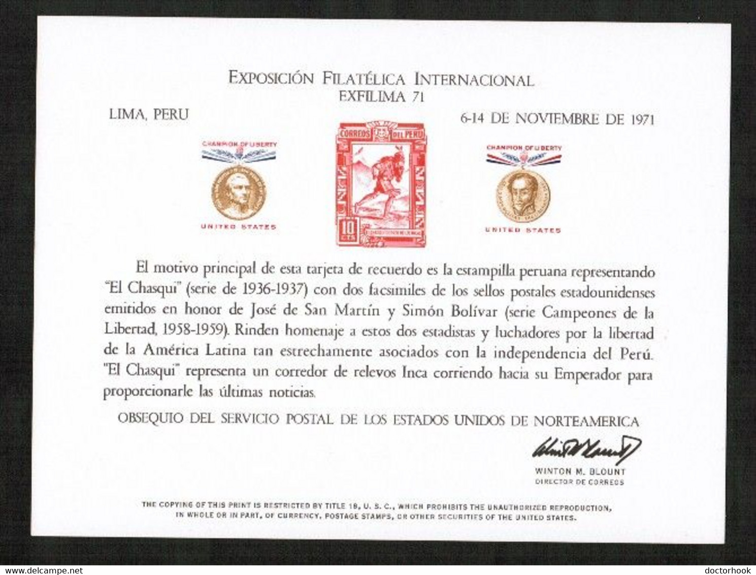 U.S.A.   EXFILIMA '71 B.E.P. CARD UNUSED (FF-86) - Recordatorios