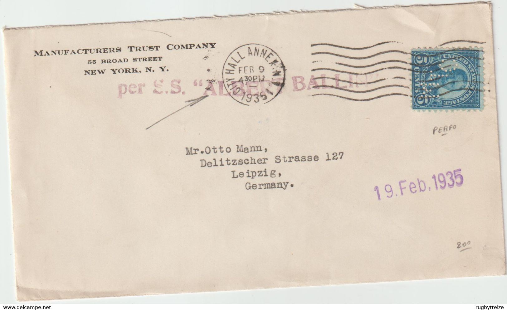 4883 USA Perforé Perforated City Hall Annex SS ALBERT BALLIN OCEAN LINER  Paquebot Transatlantique 1935 Leipzig RARE - Perfin