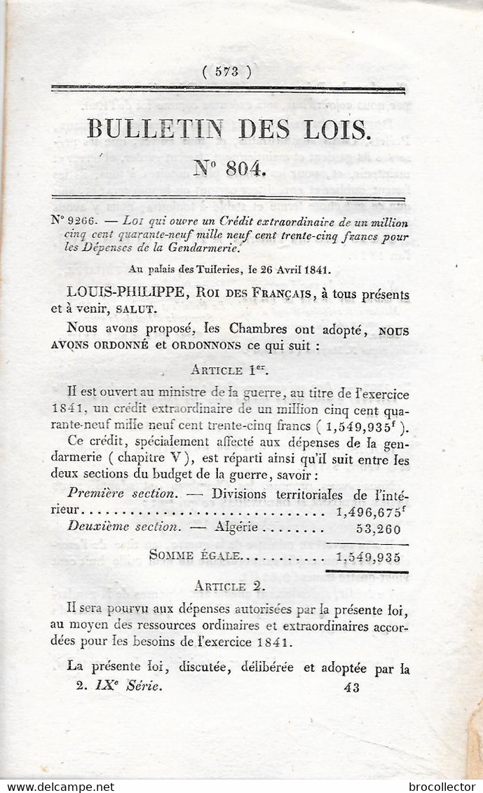 Lois De 1841 Qui Ouvre Un Crédit Pour La Dépense De La GENDARMERIE - Politie & Rijkswacht