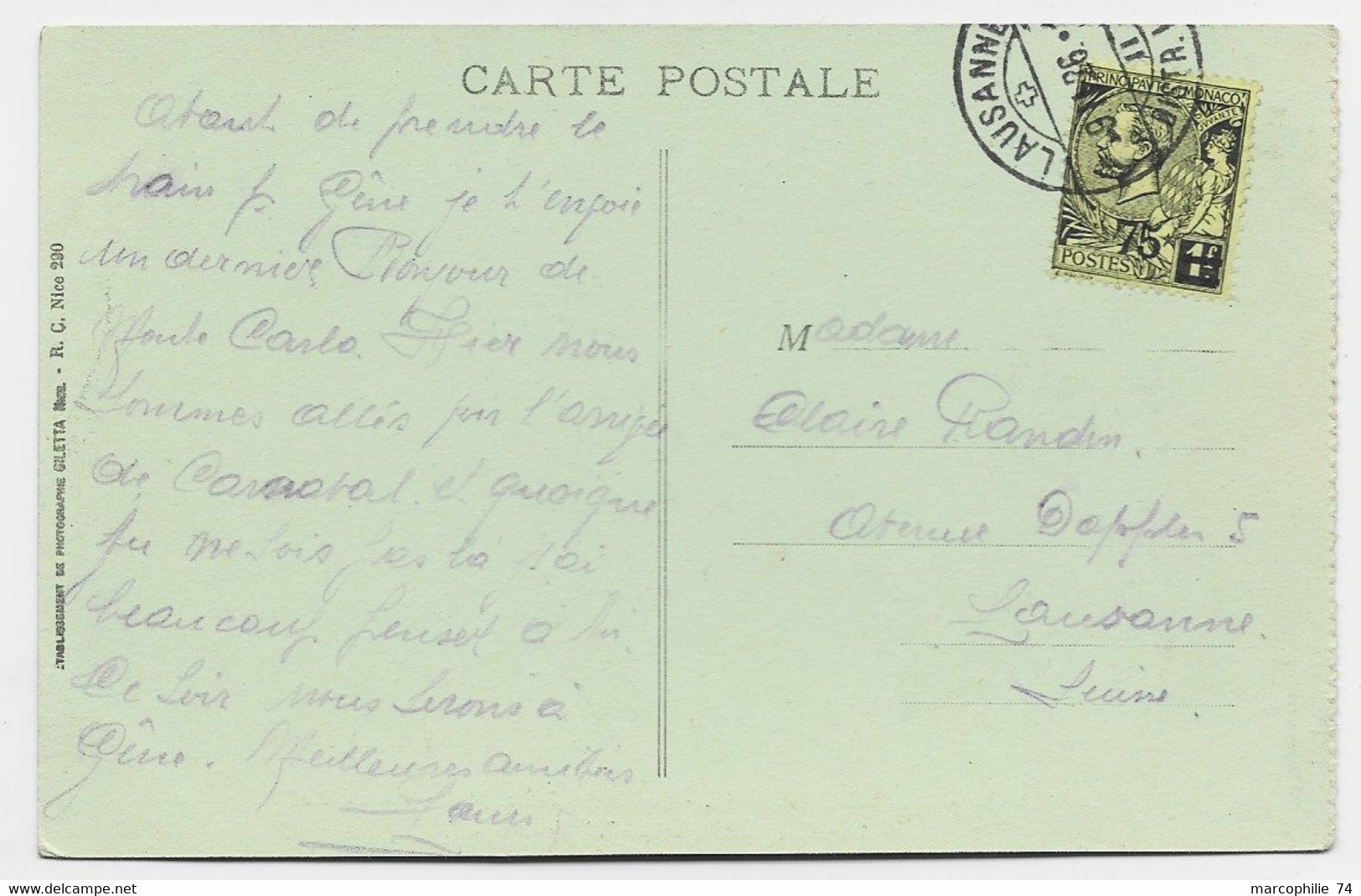 MONACO 75C SEUL CARTE OBL A L'ARRIVEE EN SUISSE LAUSANNE 9.II.1926 AU TARIF - Briefe U. Dokumente