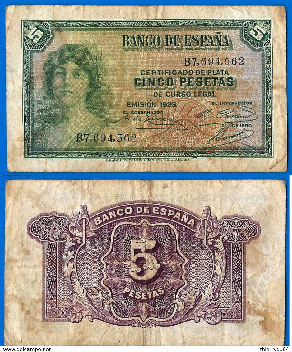 Espagne 5 Pesetas 1935 Prefix B Que Prix + Port Peseta Billet Paypal Bitcoin OK! - 50 Pesetas