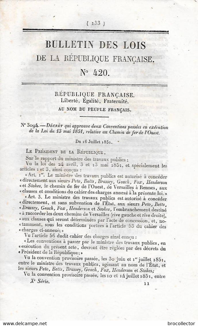 Décret De 1851 Concernant Les CHEMINS De FER De L' OUEST - Railway