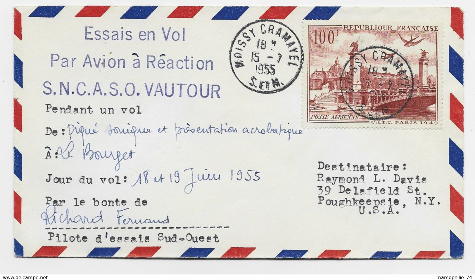 FRANCE PA 100FR CITT SEUL LETTRE COVER AVION MOISSY 15.7.1955 POUR USA ESSAI EN VOL AVION REACTION + PILOTE - 1960-.... Covers & Documents