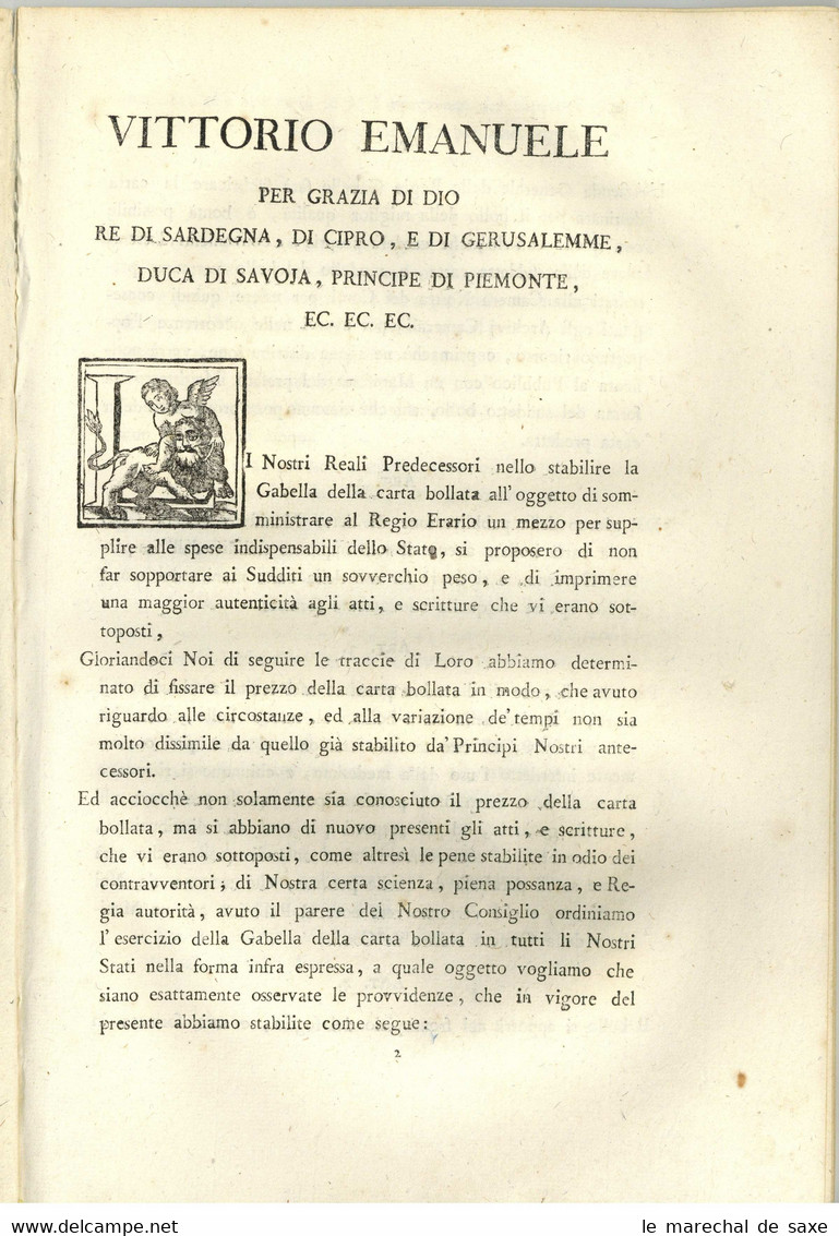 1814 Torino Vittorio Emanuele Re Di Sardegna Royaume De Sardaigne 19 Pp. In-fol. Gabella Della Carta Bollata - Décrets & Lois