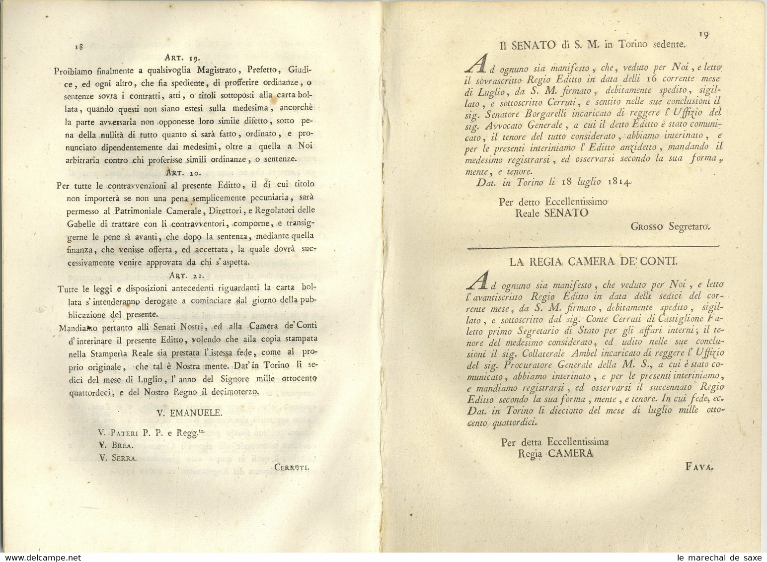 1814 Torino Vittorio Emanuele Re Di Sardegna Royaume De Sardaigne 19 Pp. In-fol. Gabella Della Carta Bollata - Decrees & Laws