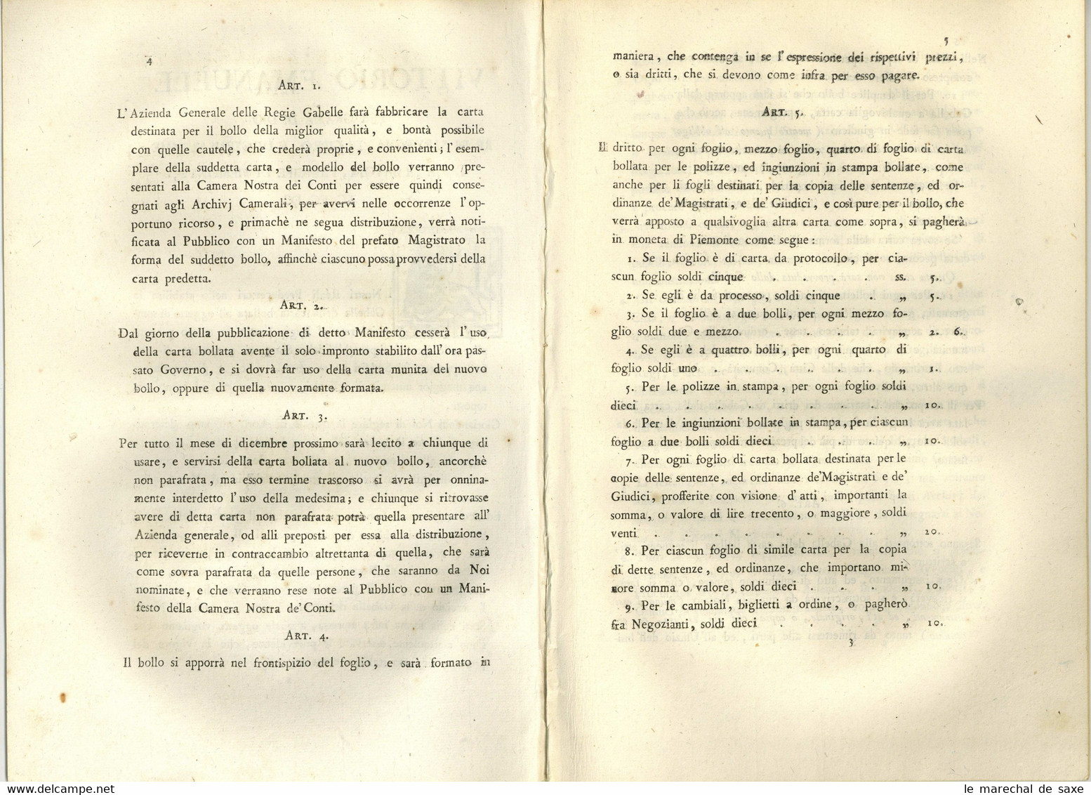 1814 Torino Vittorio Emanuele Re Di Sardegna Royaume De Sardaigne 19 Pp. In-fol. Gabella Della Carta Bollata - Decreti & Leggi