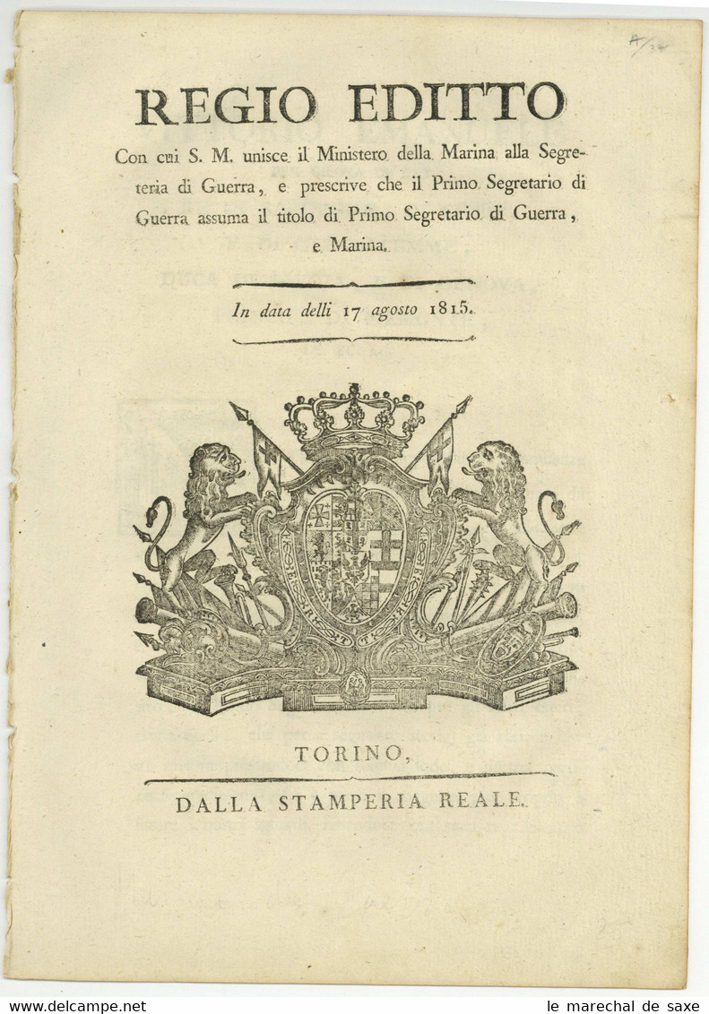 1814 Torino Vittorio Emanuele Re Di Sardegna Royaume De Sardaigne 6 Pp. In-fol. Ministro Di Guerra - Decreti & Leggi