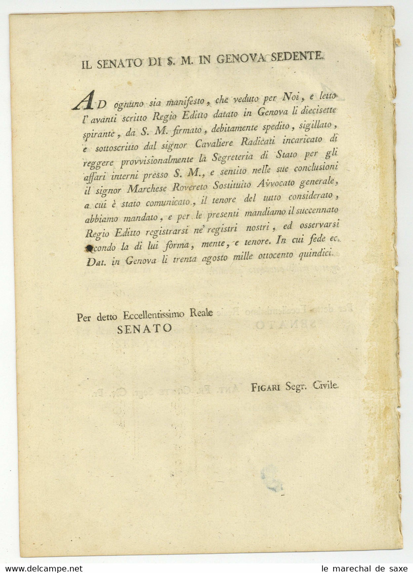 1814 Torino Vittorio Emanuele Re Di Sardegna Royaume De Sardaigne 6 Pp. In-fol. Ministro Di Guerra - Décrets & Lois