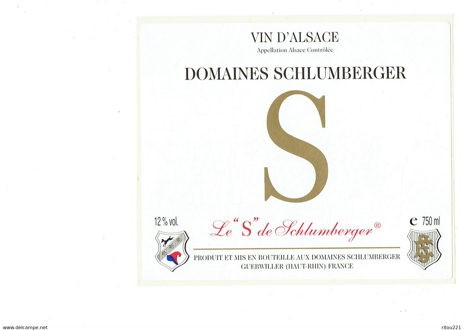 AUTOCOLLANT Etiquette De Vin Alsace DOMAINES SCHLUMBERGER - Lettre Alphabet - Le "S" - GUEBWILLER - Gewurztraminer