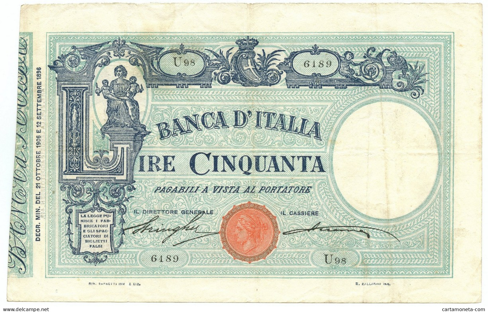 50 LIRE BARBETTI GRANDE L MATRICE LATERALE TESTINA DECRETO 21/10/1906 BB/BB+ - Regno D'Italia – Other