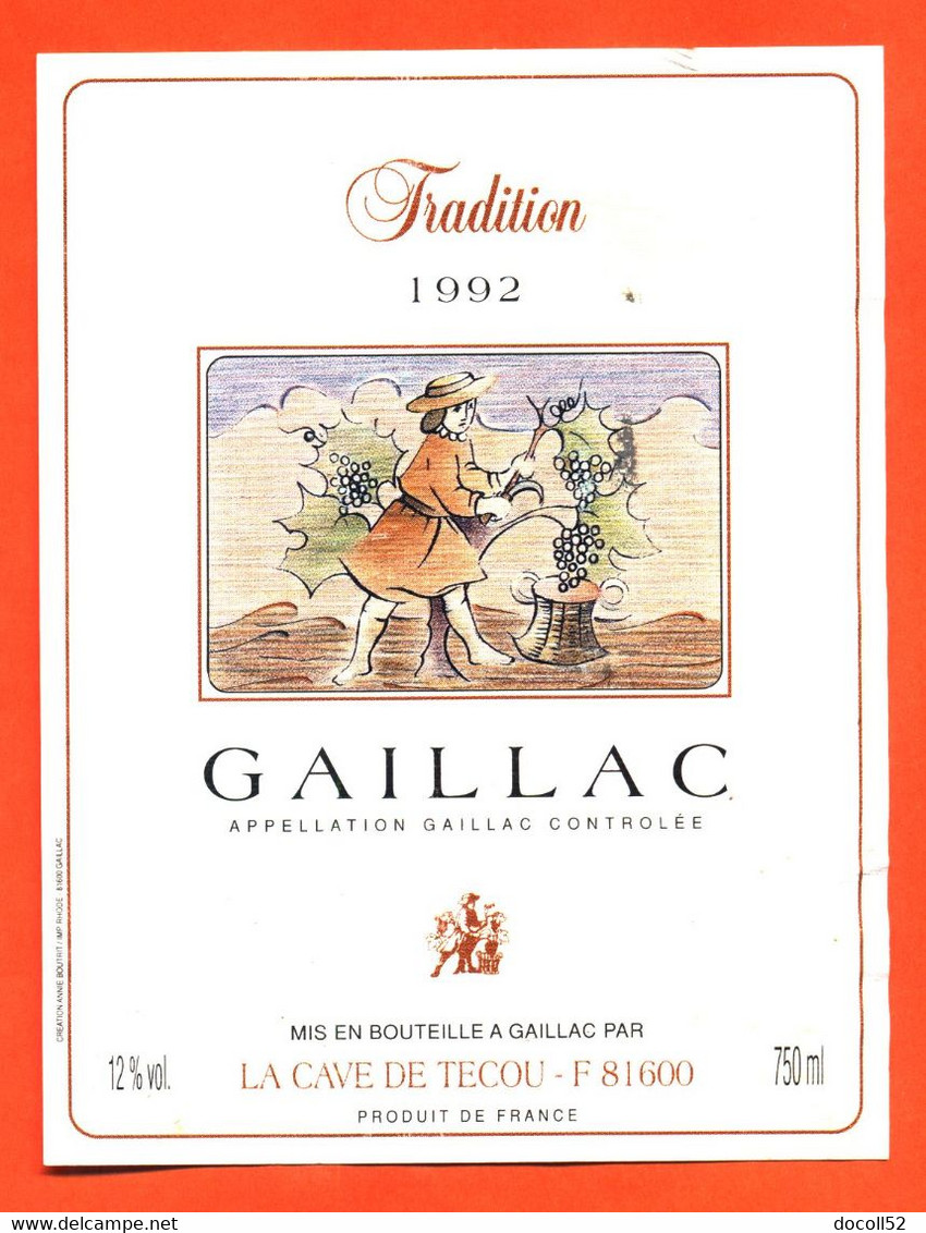 étiquette De Vin Gaillac Tradition 1992 Caves De Tecou - 75 Cl - Gaillac