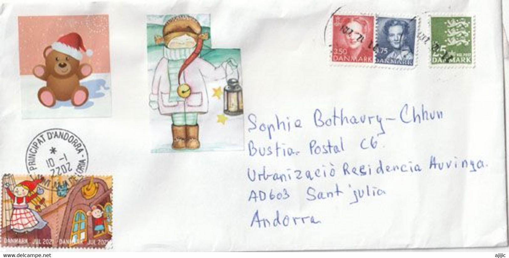 À La Maison Pour Noël,au Nom Des Enfants SVP. Timbres De Noël Du Danemark,lettre DANEMARK,adressée Andorra - Covers & Documents