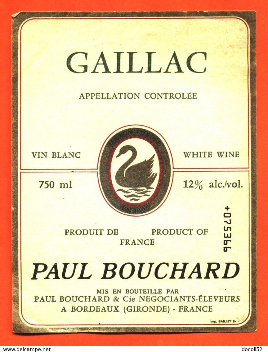 étiquette De Vin Gaillac Paul Bouchard à Bordeaux - 75 Cl - Gaillac