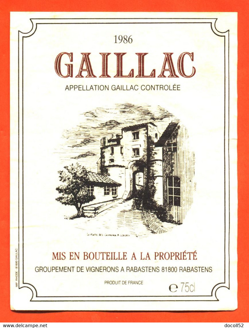 étiquette De Vin Gaillac 1986 Vignerons à Rabastens - 75 Cl - Gaillac