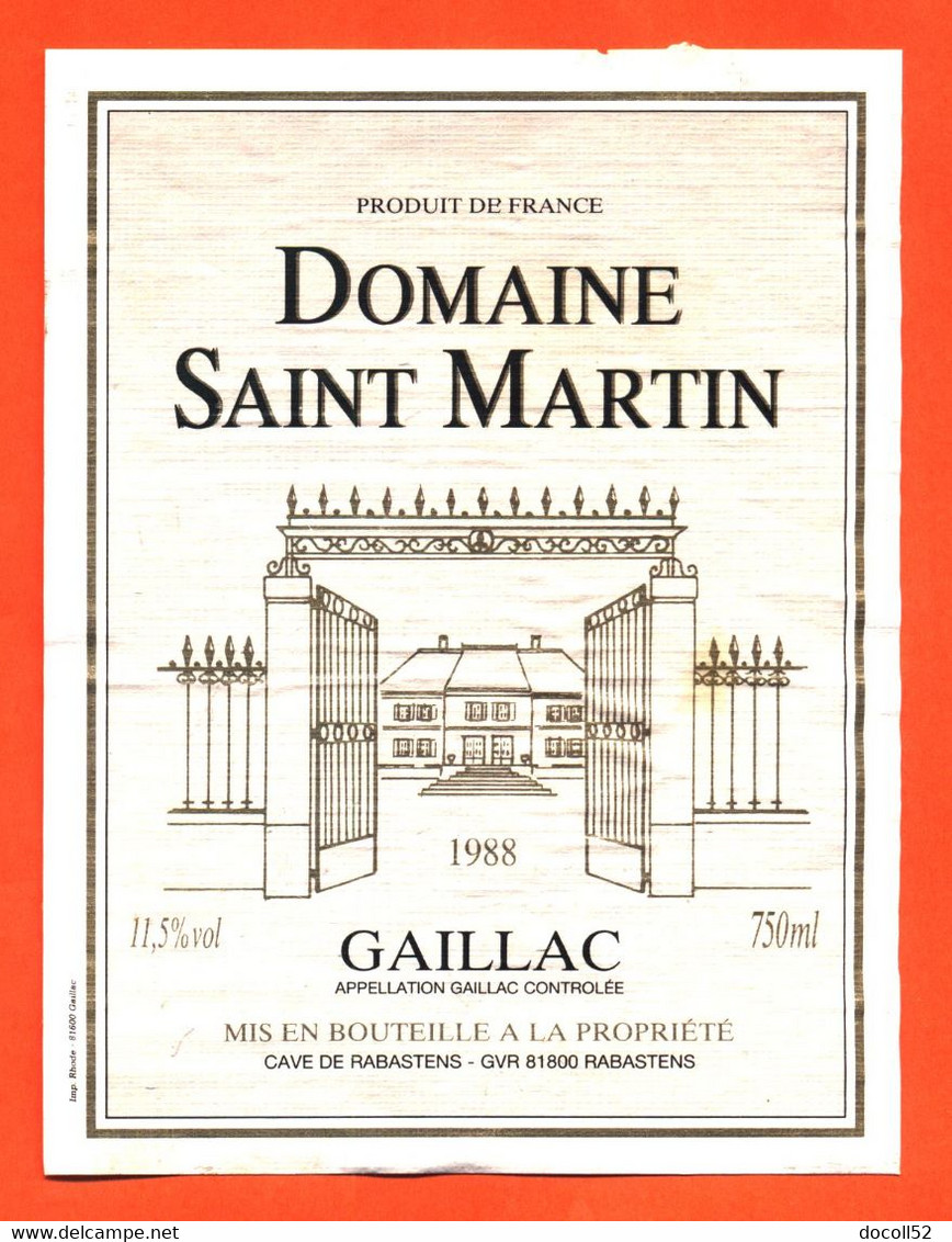 étiquette De Vin Gaillac Domaine Saint Martin 1988 Caves à Rabastens - 75 Cl - Gaillac
