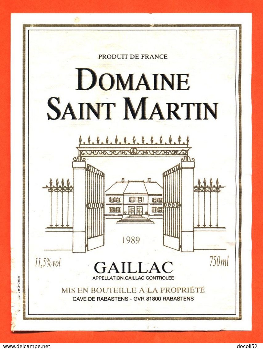 étiquette De Vin Gaillac Domaine Saint Martin 1989 Caves à Rabastens - 75 Cl - Gaillac