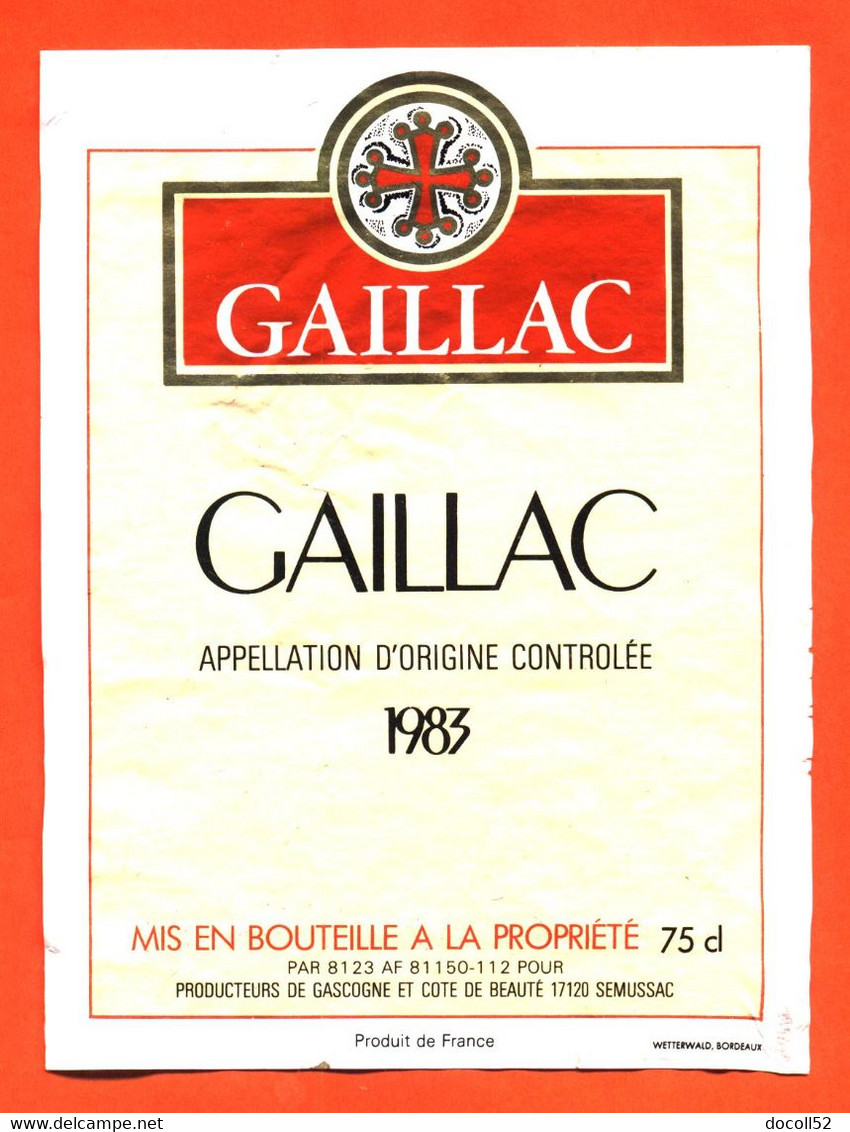 étiquette De Vin Gaillac 1983 Caves à Semussac - 75 Cl - Gaillac