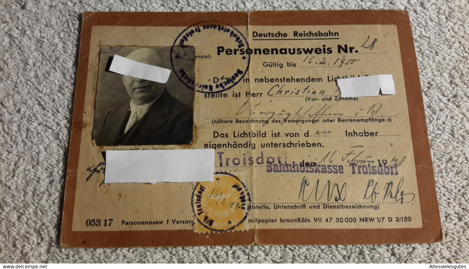 Personenausweis Deutsche Reichsbahn Troisdorf 1948 Stempel  Ausweis Bahn Eisenbahn - Andere & Zonder Classificatie