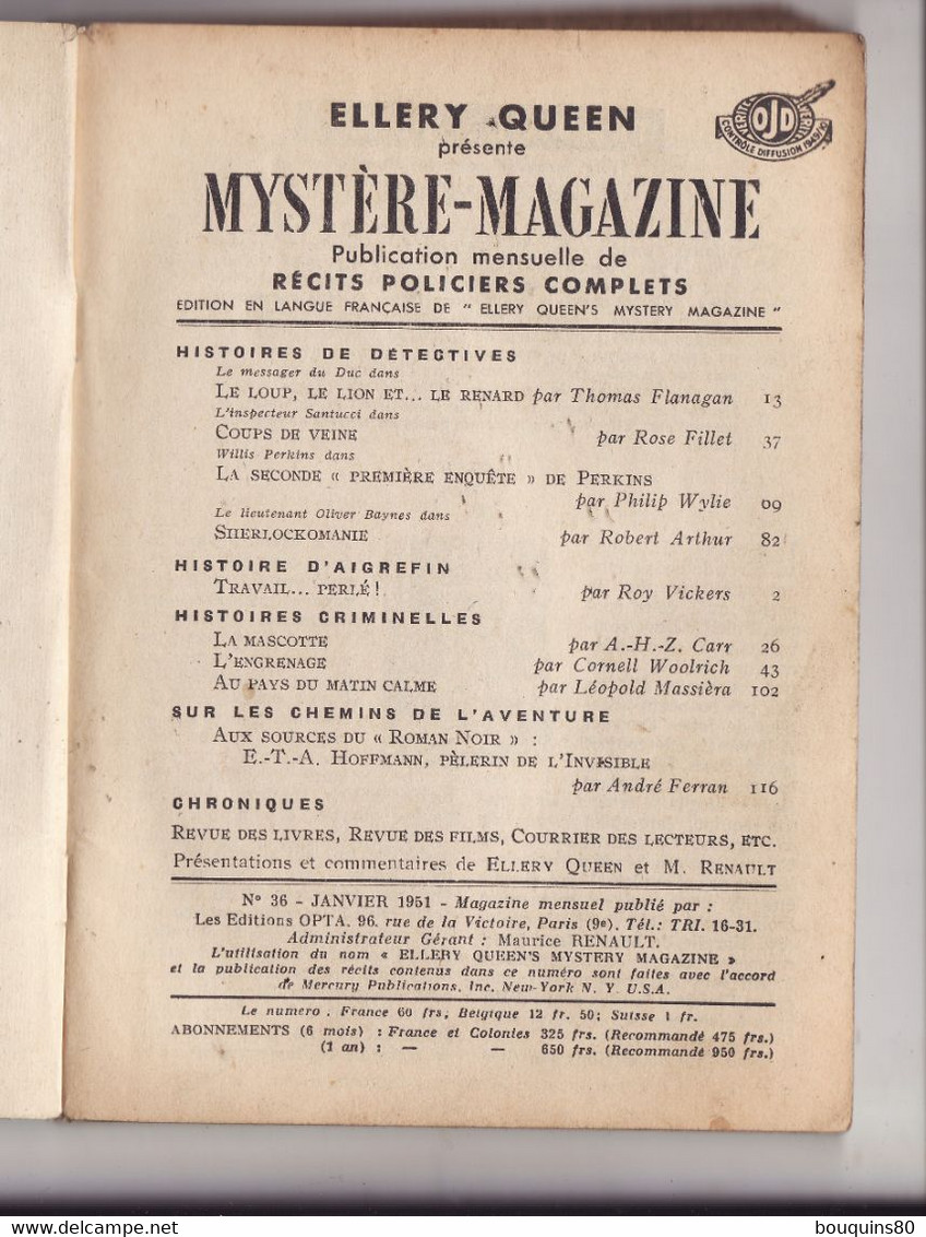 ELLERY QUEEN MYSTERE MAGAZINE N°36 1951 Récits Policiers Complets - Opta - Ellery Queen Magazine