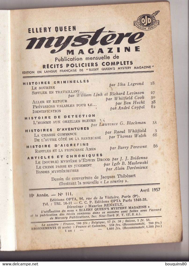 ELLERY QUEEN MYSTERE MAGAZINE N°111 1957 Récits Policiers Complets - Opta - Ellery Queen Magazine