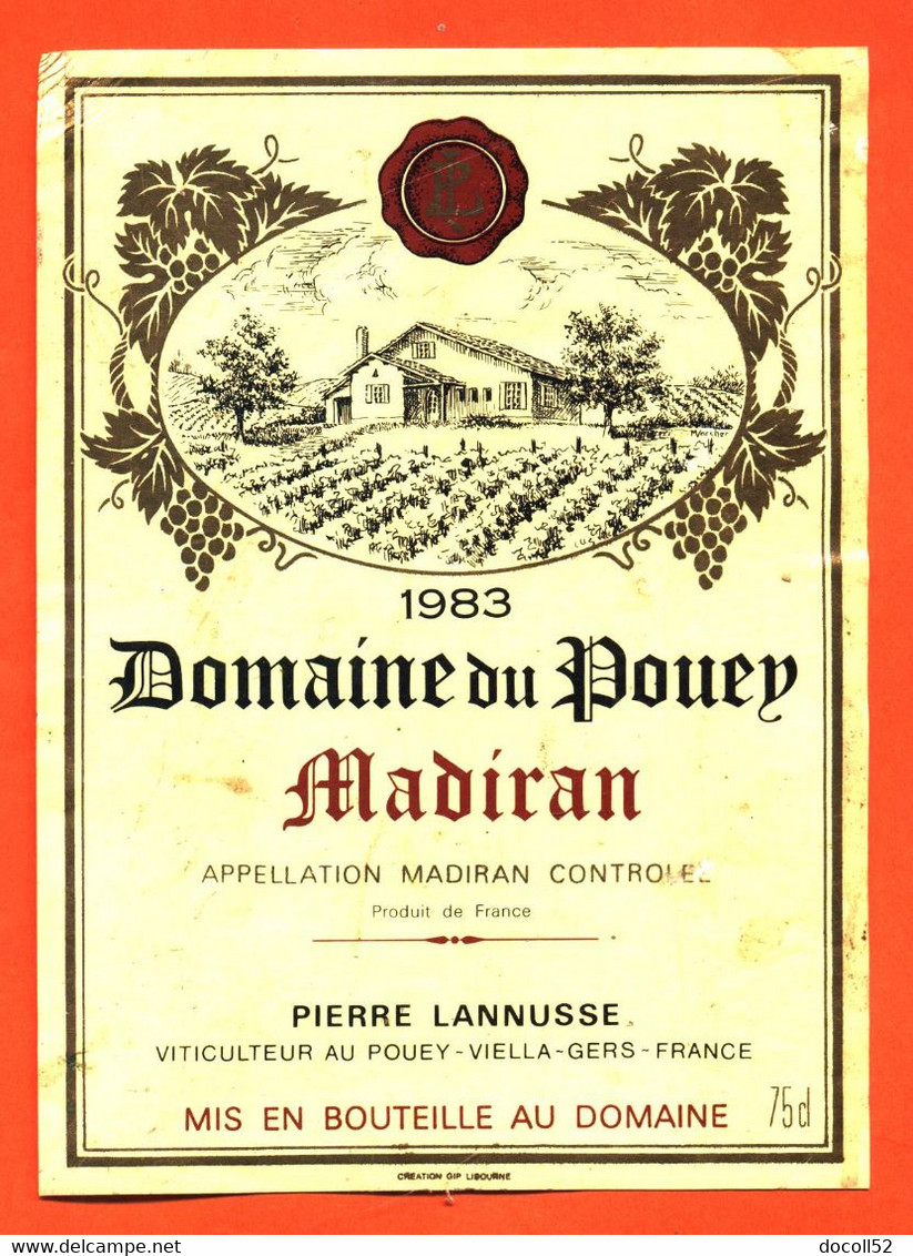 étiquette De Vin De Bordeaux Madiran Domaine Du Pouey 1983 Pierre Lannusse à Pouey Viella - 75 Cl - Madiran