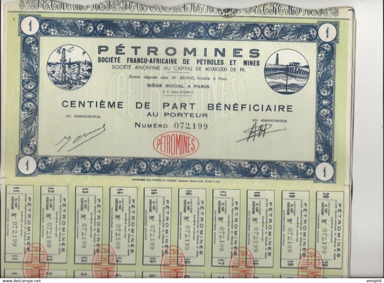 PETROMINES -SOCIETE FRANCO AFRICAINEDE PETROLES ET MINES -LOT 10 ACTIONS DE CENTIEME DE PART BENEFICIAIRE - Mines