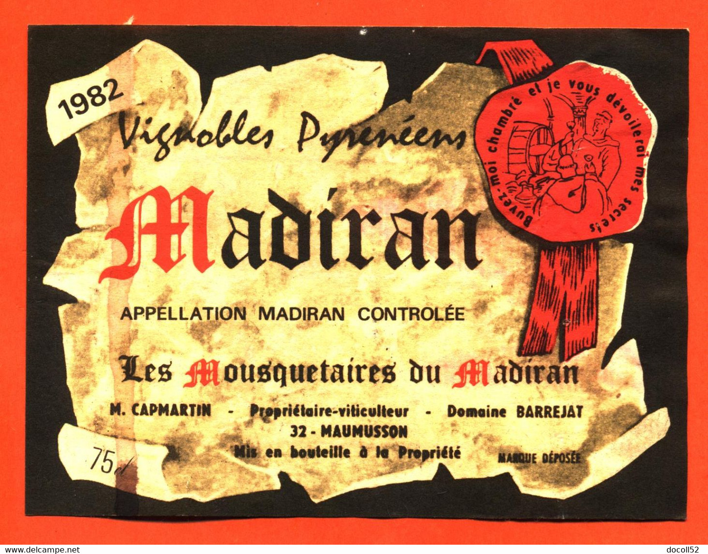 étiquette De Vin De Bordeaux Madiran 1982 Les Mousquetaires Du Madiran Barrejat à Maumusson - 75 Cl - Madiran