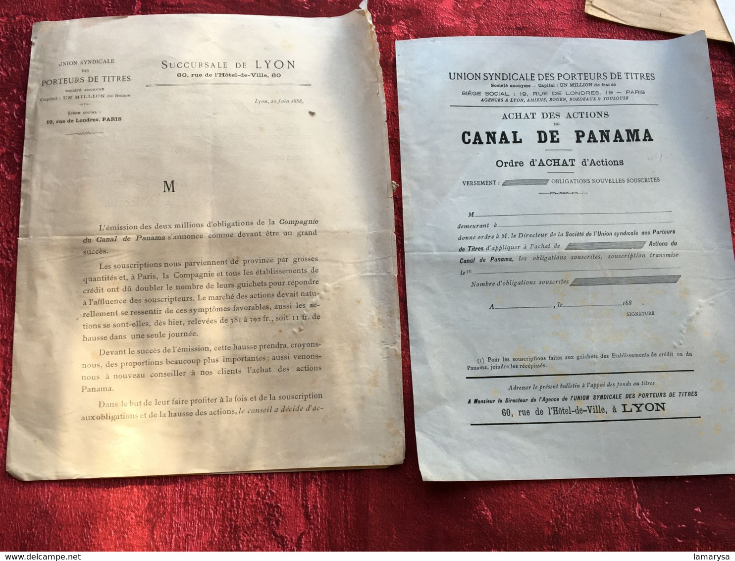 Lettre De 1888 Obligation Canal De Panama-☛Action-Titre-☛+ 2 Document Original-Ordre Achat Vierges-Lyon Union Syndicale - Navy