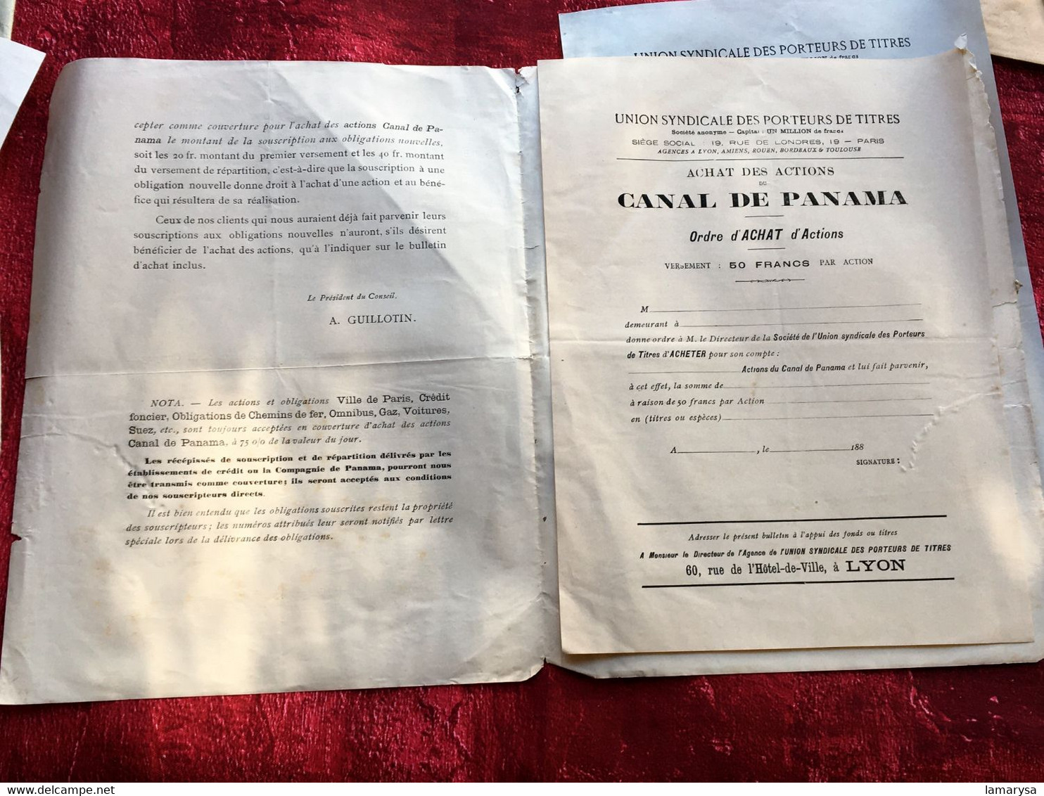 Lettre De 1888 Obligation Canal De Panama-☛Action-Titre-☛+ 2 Document Original-Ordre Achat Vierges-Lyon Union Syndicale - Navigazione