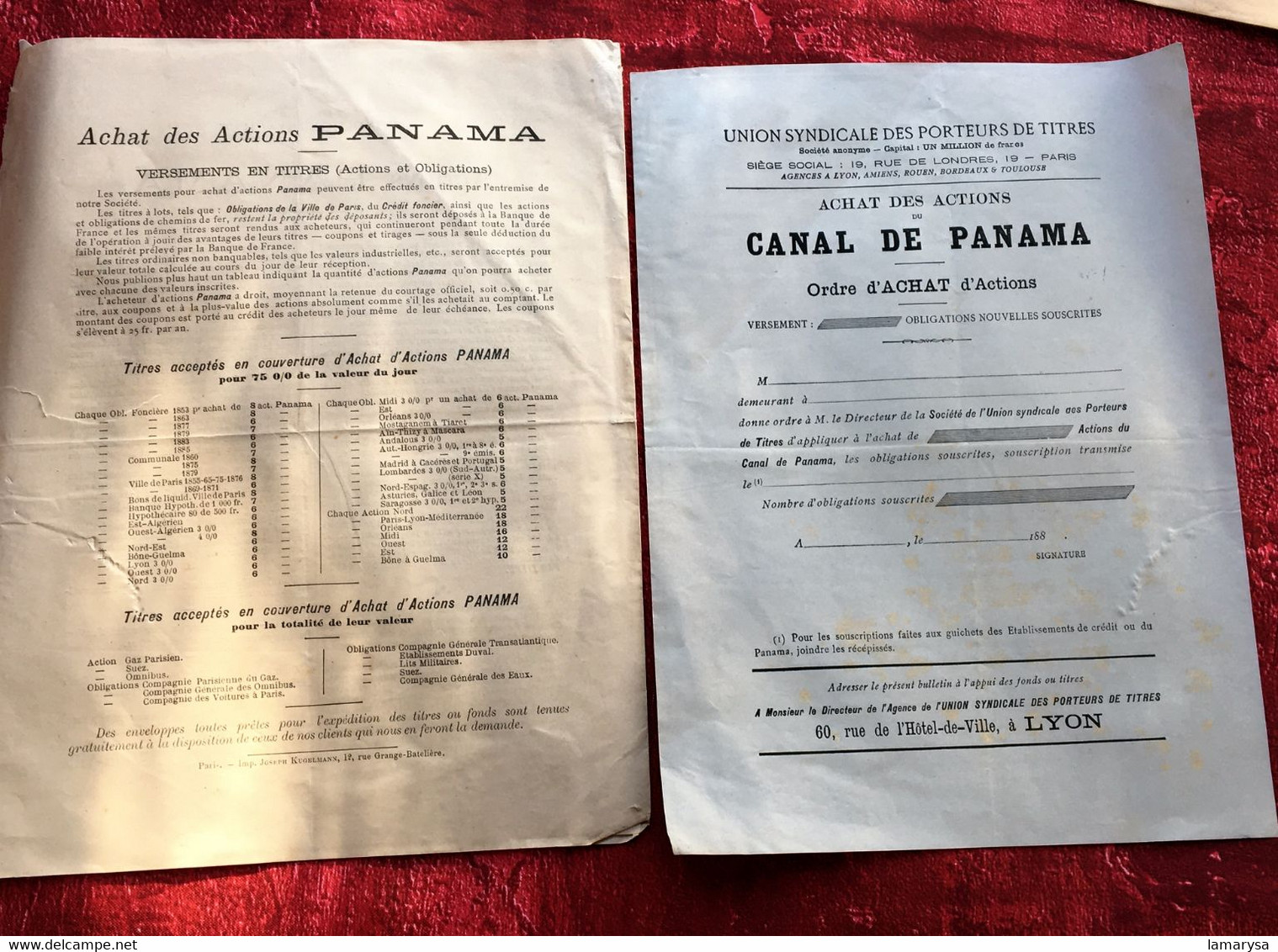 Lettre De 1888 Obligation Canal De Panama-☛Action-Titre-☛+ 2 Document Original-Ordre Achat Vierges-Lyon Union Syndicale - Navy