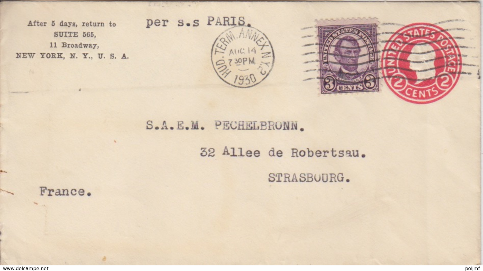 Entier 2c + Complément 3c Obl. Flamme Hud. Term. Annex NY 2 Le 14 Aug 1930 Pour Strasbourg Par SS Paris - 1921-40